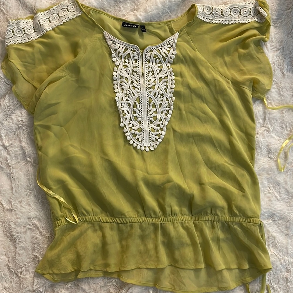 Apt 9. pastel olive green, crochet lace blouse